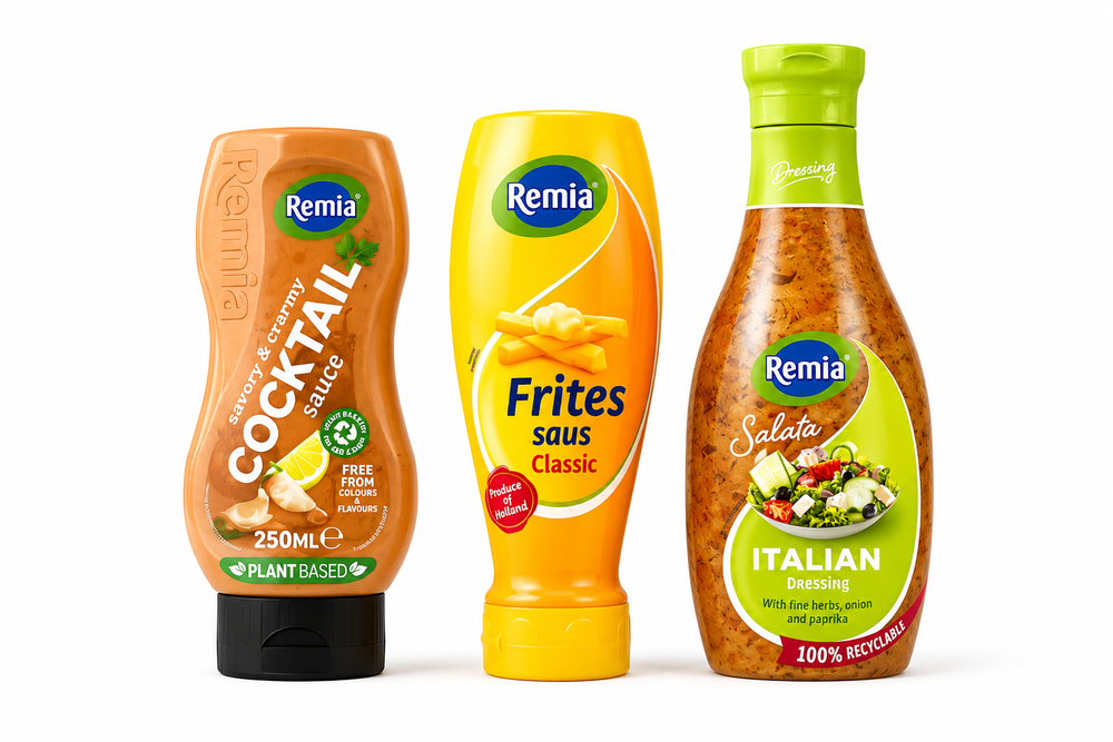 Dutch Sauce Lovers Bundle – Remia Salata Dressing Italian 450ml, Remia Dutch Classic Fries Sauce 500ml and Remia Cocktail Table Sauce 300ml.