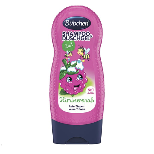 Bubchen Raspberry Fun 2-in-1 Shampoo and Shower Gel in a red bottle with raspberry and bee illustrations