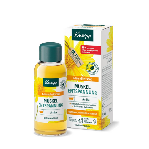 Kneipp Health Bath Arnika Aktiv 100ml – German herbal bath essence with arnica extract for muscle relaxation in a glass bottle.