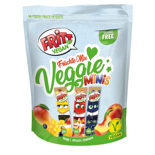 Fritt Vegan Fruit Mix Veggie Minis 135g. Chewy candy strips. Fritt Vegan Fruit Mix Veggie Minis 135g. Chewy candy strips.
