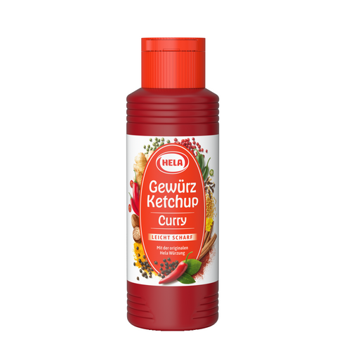 Hela Curry Spiced Ketchup Slightly Spicy 300ml – German curry ketchup bottle, mild spicy flavor.