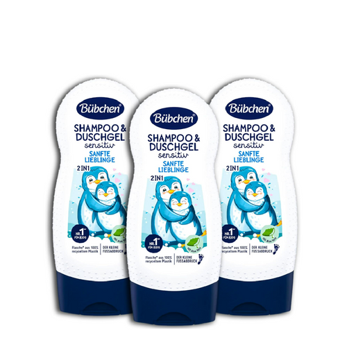Bubchen Baby Shampoo and Shower Gentle Darlings 230ml – mild baby shampoo and shower gel for sensitive skin in a blue bottle.
