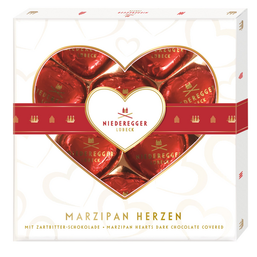 Niederegger Marzipan Hearts 125g – heart-shaped premium German almond marzipan chocolates in a gift pack (EAN 4000161090106)