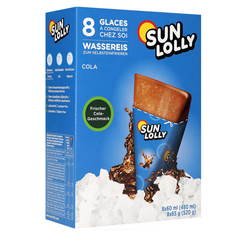 Sun Lolly Ice Cola Water Ice Lollies pack of 8 – refreshing cola-flavoured water ice pops for the freezer (EAN 5775345204226).