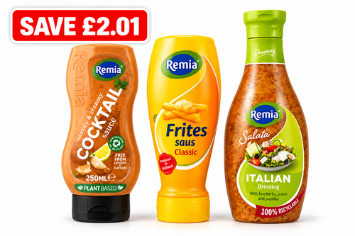 Dutch Sauce Lovers Bundle – Remia Salata Dressing Italian 450ml, Remia Dutch Classic Fries Sauce 500ml and Remia Cocktail Table Sauce 300ml.