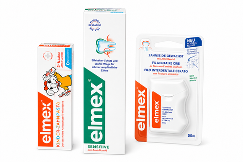 Family Dental Care Bundle – elmex Dental Floss 50m, elmex Children’s Toothpaste 2–6 years 50ml and elmex Sensitive Toothpaste 75ml.