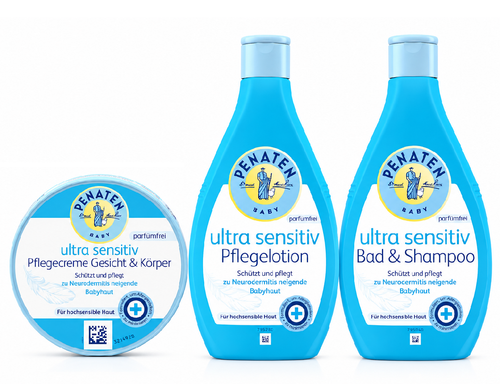 Penaten New Baby Ultra Care Essential Bundle featuring Ultra Sensitive Face & Body Cream 100ml, Ultra Sensitive Bath & Shampoo 2-in-1 Wash Gel, and Ultra Sensitive Care Lotion 400ml on a clean white background.