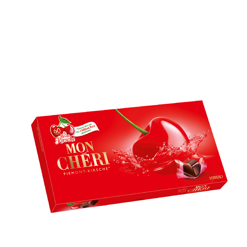 Ferrero Mon Chéri 157 g box – dark chocolate pralines with whole cherry and liqueur filling, premium German confectionery gift.