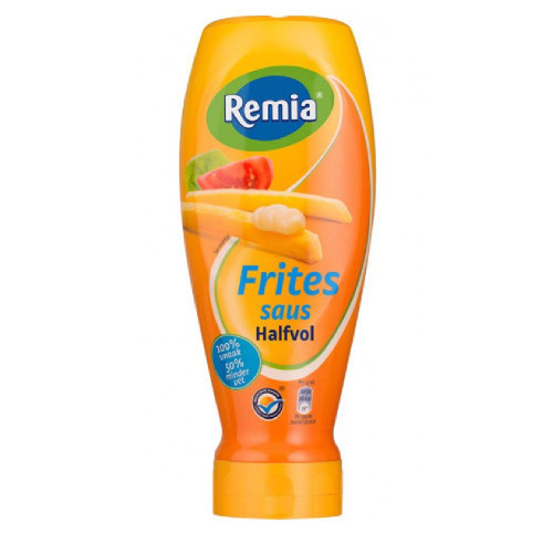 Remia Half Fat Dutch Friesauce 500ml – lighter creamy Dutch fries sauce in a squeeze bottle for chips, snacks and sandwiches.