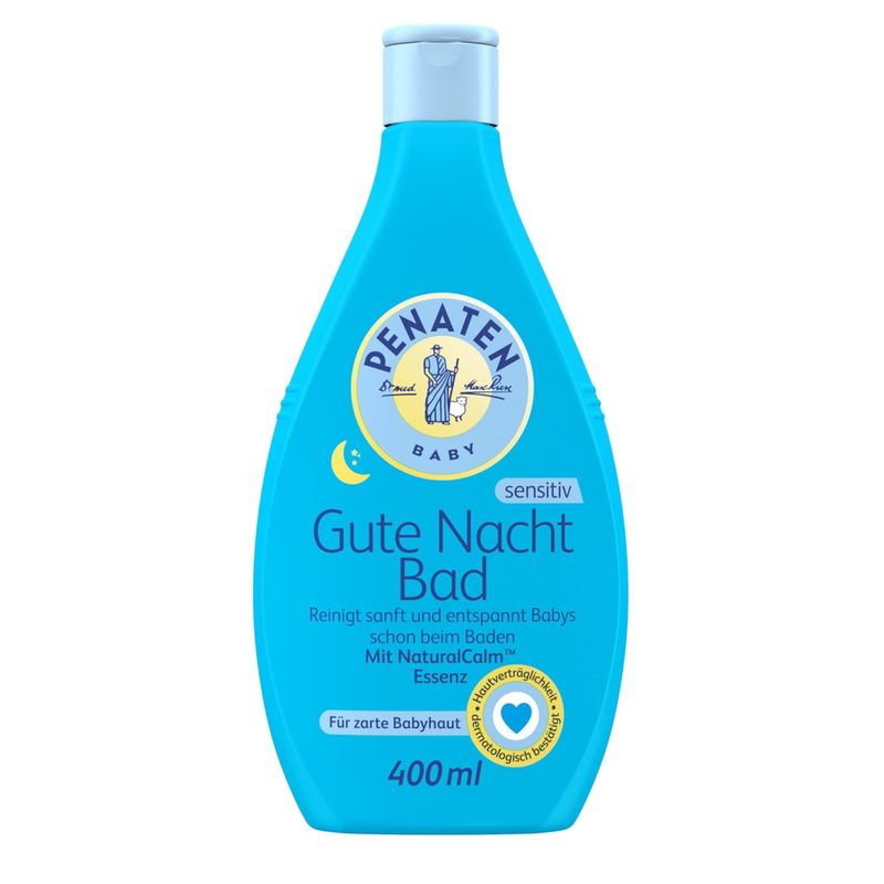 Penaten Good Night Bath 400ml – gentle baby bath with lavender and chamomile for calm, restful sleep in a purple bottle.