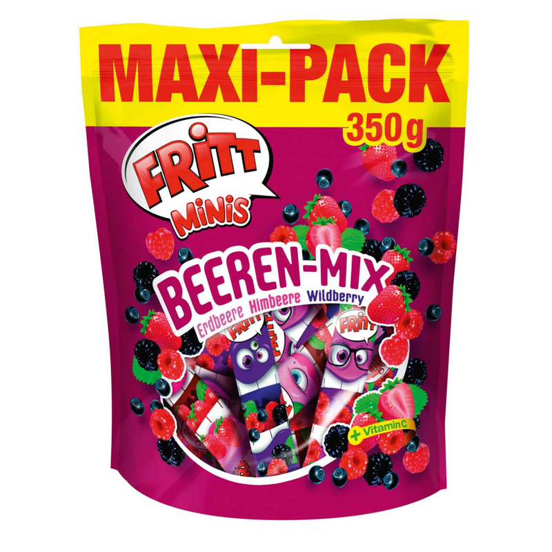 Fritt Minis Berry Mix Maxi-Pack 350g with strawberry, raspberry and wildberry chewy candy strips