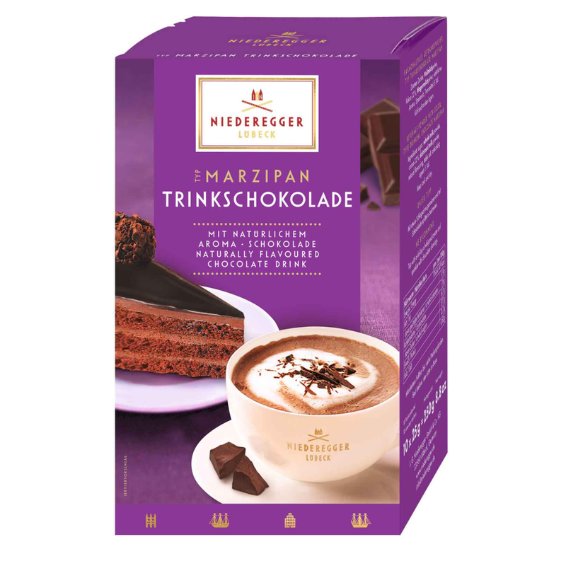 Niederegger Marzipan Drinking Chocolate 250 g box – premium German hot chocolate drink mix with marzipan flavour, includes 10 sachets.