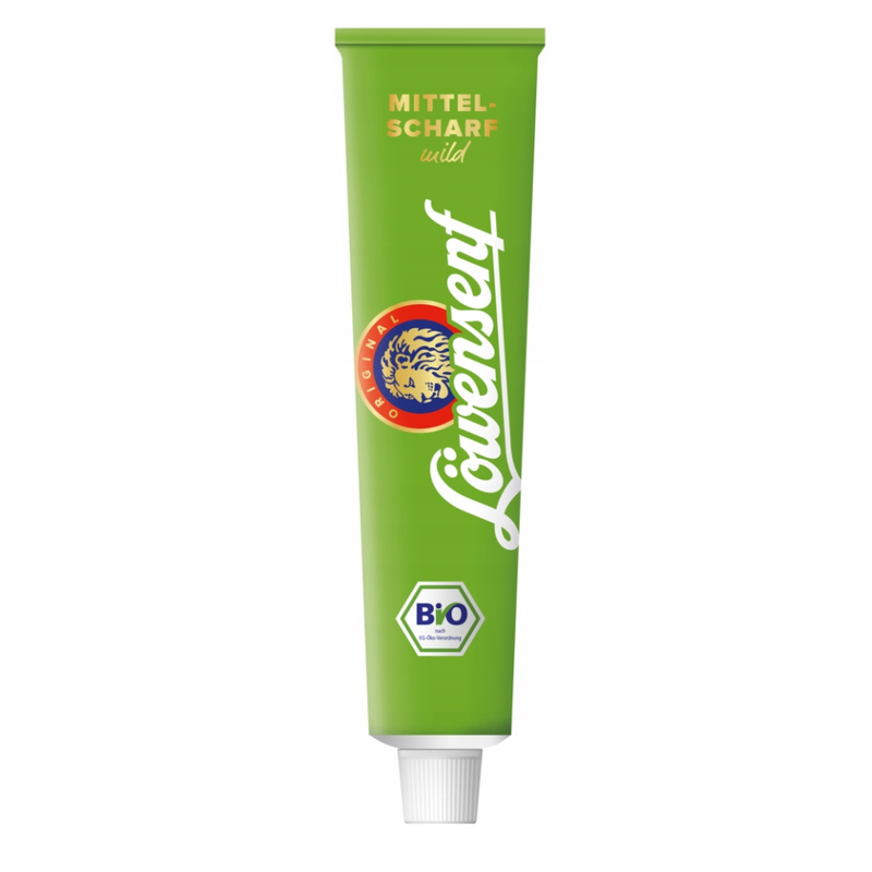 Lowensenf Medium-Hot Mustard tube – authentic German mustard with picnic-style sausages, pretzels and sandwich serving ideas.