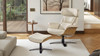 Jovan 20.5" Mid-Century Modern Genuine Leather Footstool Ottoman, Pastel Beige