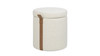 Brandy 14" Round Upholstered Storage Ottoman with Leather Accent, Flax White 1