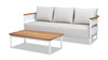 Rhodes 2pc Upholstered Teak & Aluminum Outdoor Sofa and Coffee Table Patio Set, Birch Gray Chenille