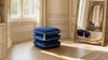 Arabella 19.5" Squared Upholstered Ottoman with Bullion Fringe, Navy Blue