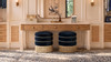 Edward 17.5" Round Upholstered Ottoman with Bullion Fringe, Dark Navy Blue
