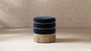 Edward 17.5" Round Upholstered Ottoman with Bullion Fringe, Dark Navy Blue