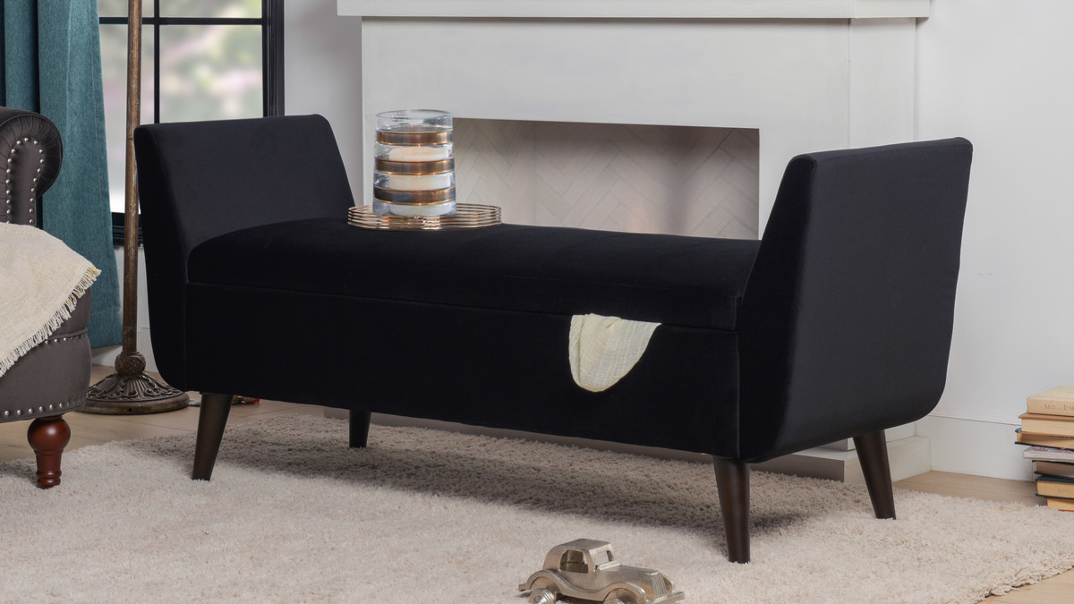 duff midcentury modern upholstered flip top storage bench black