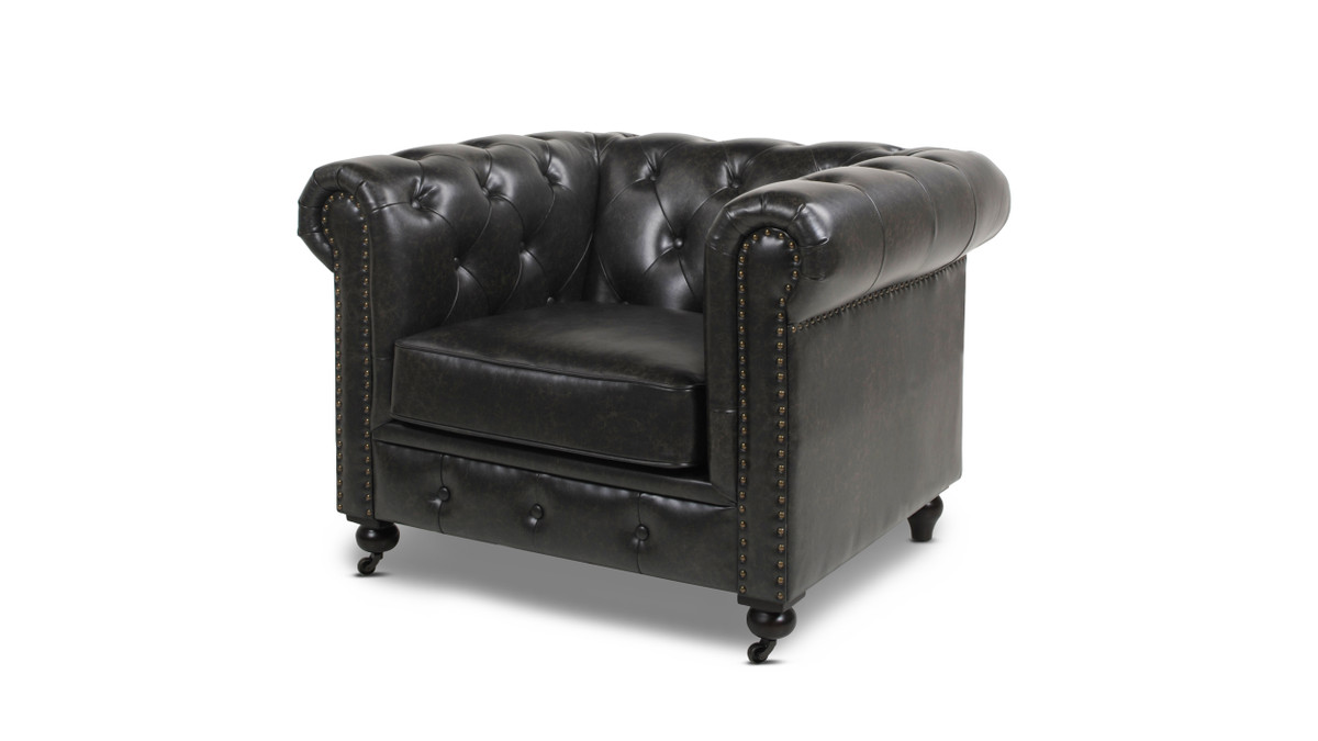 Winston Leather Chesterfield Armchair, Vintage Black Brown 1