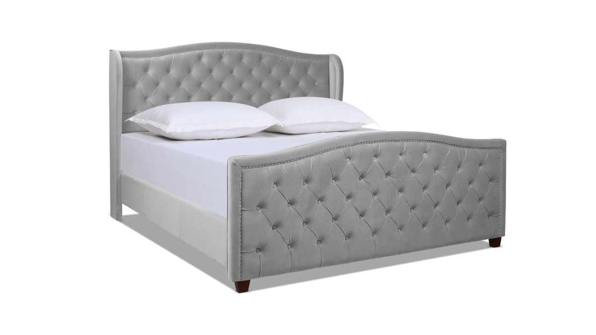 Marcella Upholstered Shelter Headboard Bed Set, King, Opal Grey