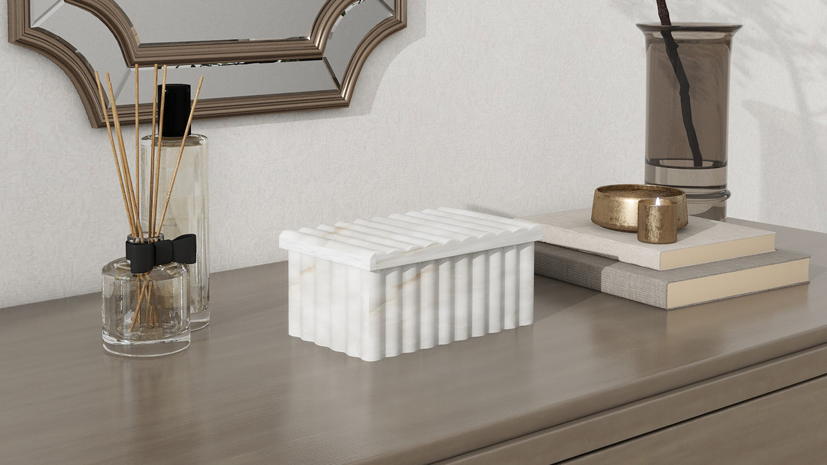 Chandra 7x4 Fluted White Marble Decorative Box with Lid, White Marble -  Jennifer Taylor Home