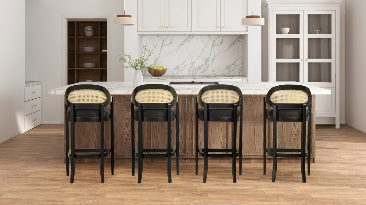 Americana Mid-Century Modern 30.5" Cane Back Bar Stool, Jet Black