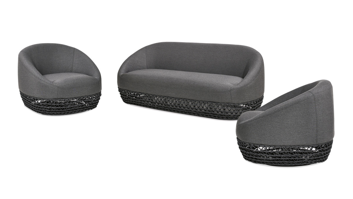 Willow 3pc Upholstered Woven Patio Deep Seating Conversation Set, Graphite Gray-Black 1