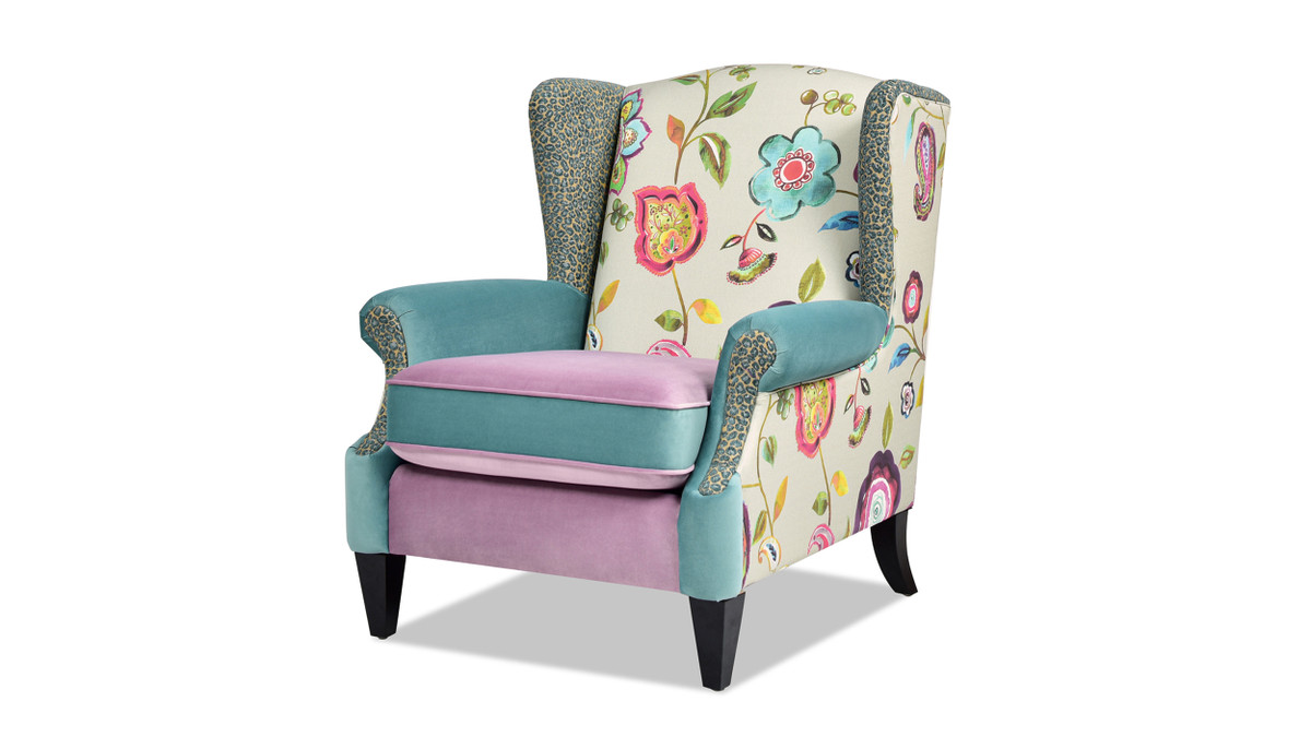 Anya Boho Chic Wingback Accent Arm Chair, Floral & Leopard, Arctic Blue & Lavender Purple 1