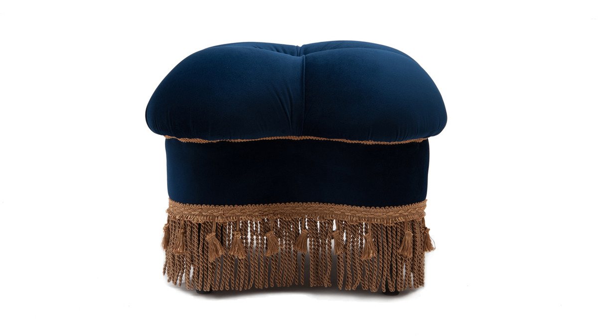 Ellen Upholstered Clover Ottoman with Gold Bullion Fringe, Navy