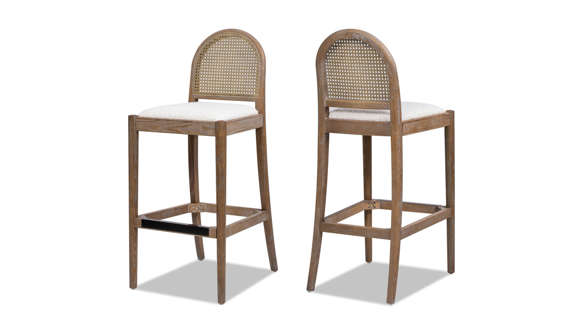 Panama 30.5" Curved Back Cane Rattan Bar Stool, Set of 2, Ivory White Bouclé