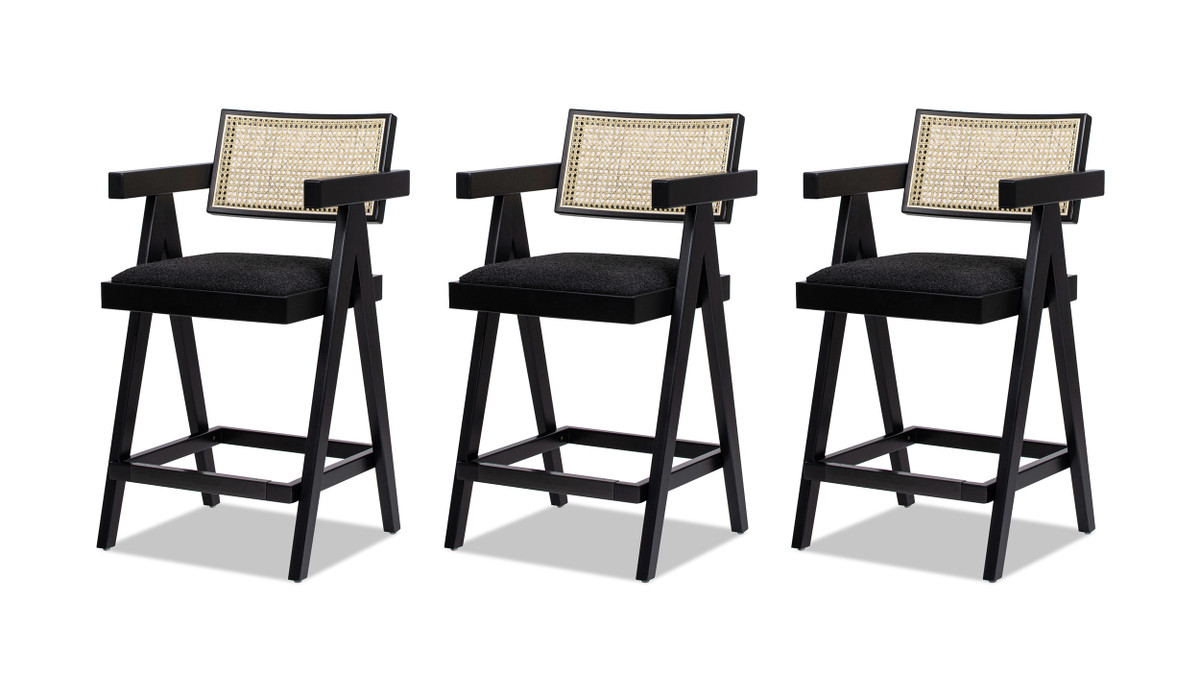 Milan 25.5" Modern Resin Webbing Back Counter Stool with Arms, Set of 3, Ebony Black Bouclé