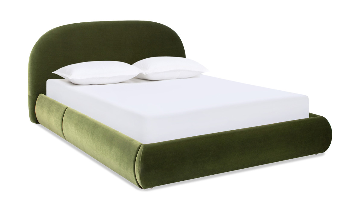 Archie Puffy Grounded Upholstered Platform Bed, Queen, Olive Green