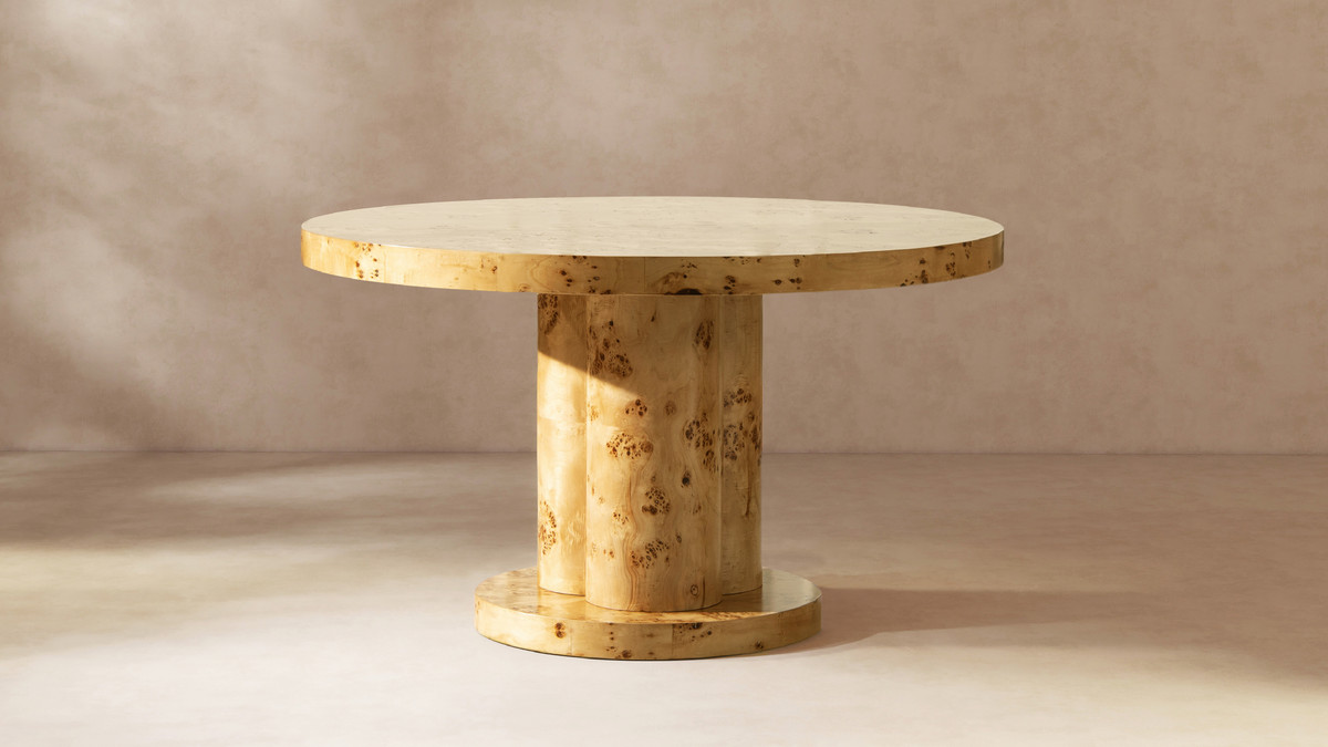 Nebula 51" 5-6 Seater Round Burl Wood Pillar Dining Table, Warm Natural ...