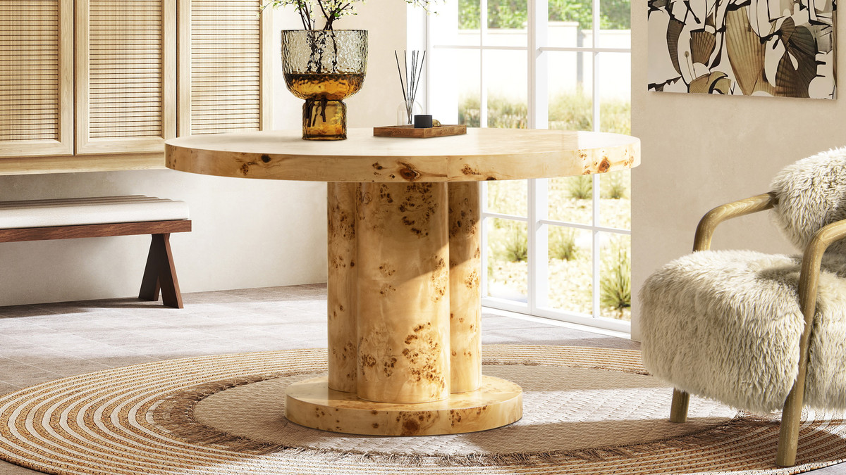 Nebula 51" 5-6 Seater Round Burl Wood Pillar Dining Table, Warm Natural ...