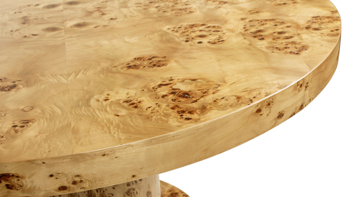 Nebula 51" 5-6 Seater Round Burl Wood Pillar Dining Table, Warm Natural ...