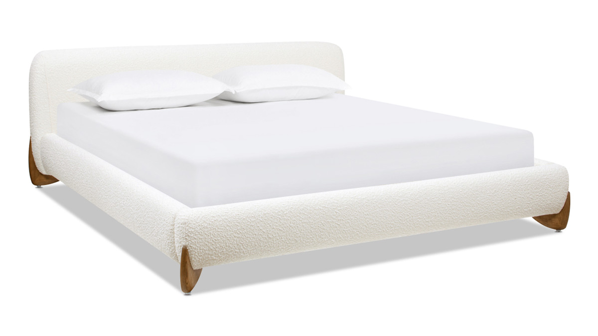 Alpine Puffy Modern Platform Bed, King, Ivory White Bouclé