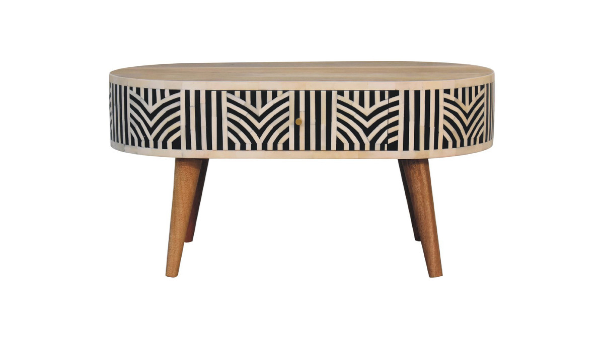 Arlo 31.5" Oval Bone Inlay Coffee Table with Splayed Wood Legs and 2 Drawers