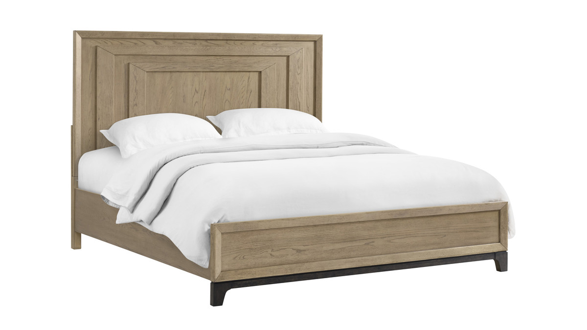 Hawthorne Wood Panel Bed with Tiered Geometric Headboard and Black Trim Feet, King