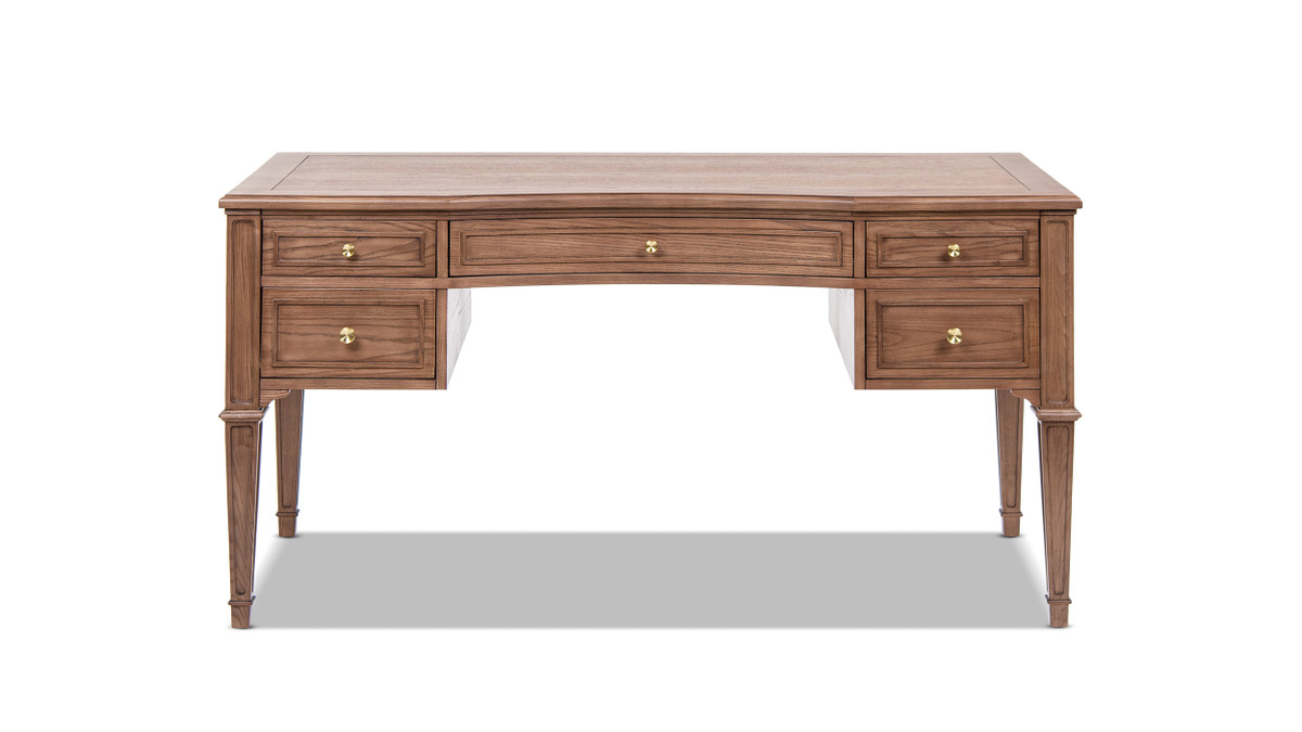Dauphin Gold Accent 5-Drawer Wood Executive Desk, Brown Ash Wood & Veneer