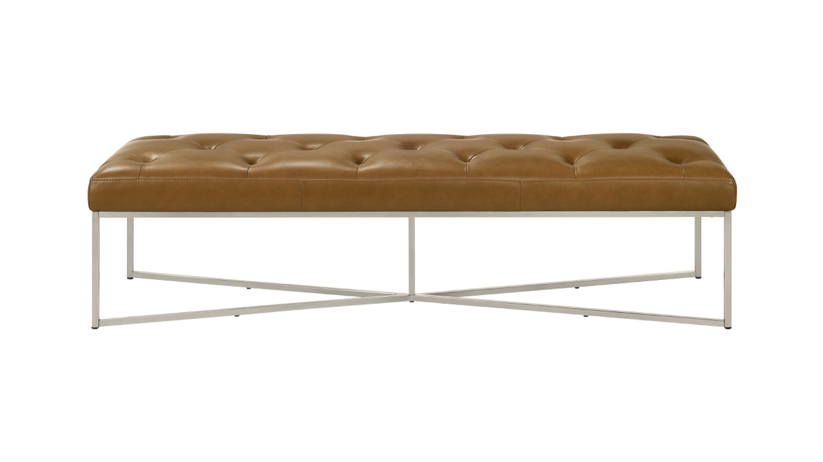 Caldwell 60" Genuine Tan Leather Tufted Bench with Metal Cross Base