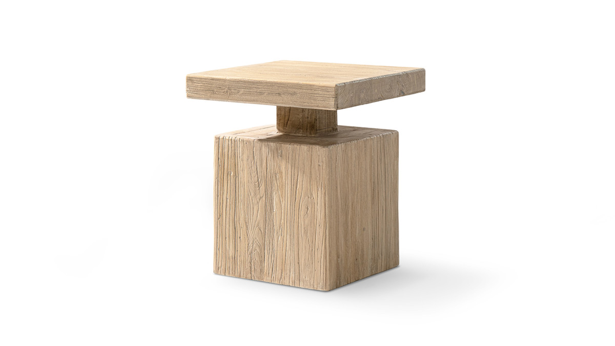 Calder 18" Solid Square Reclaimed Elm Block Plinth Side Table, Heritage Light Natural Brown