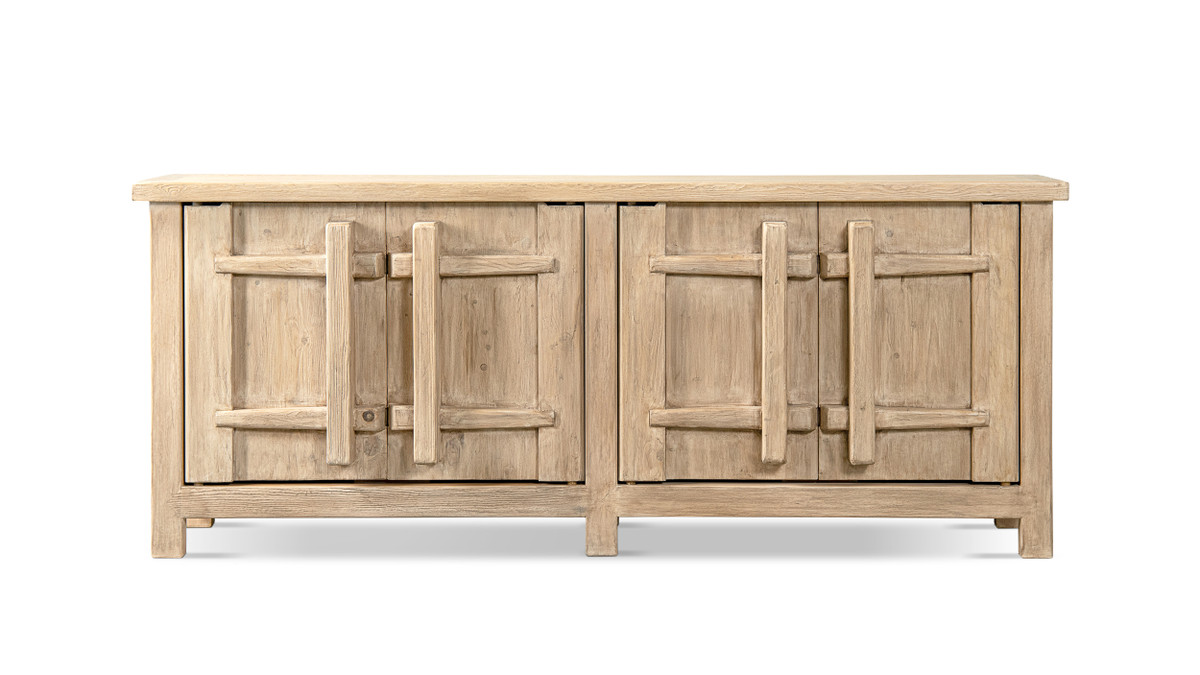 Rowan 91" Reclaimed Elm 4-Door Crossbar Sideboard Cabinet, Heritage Light Natural Brown