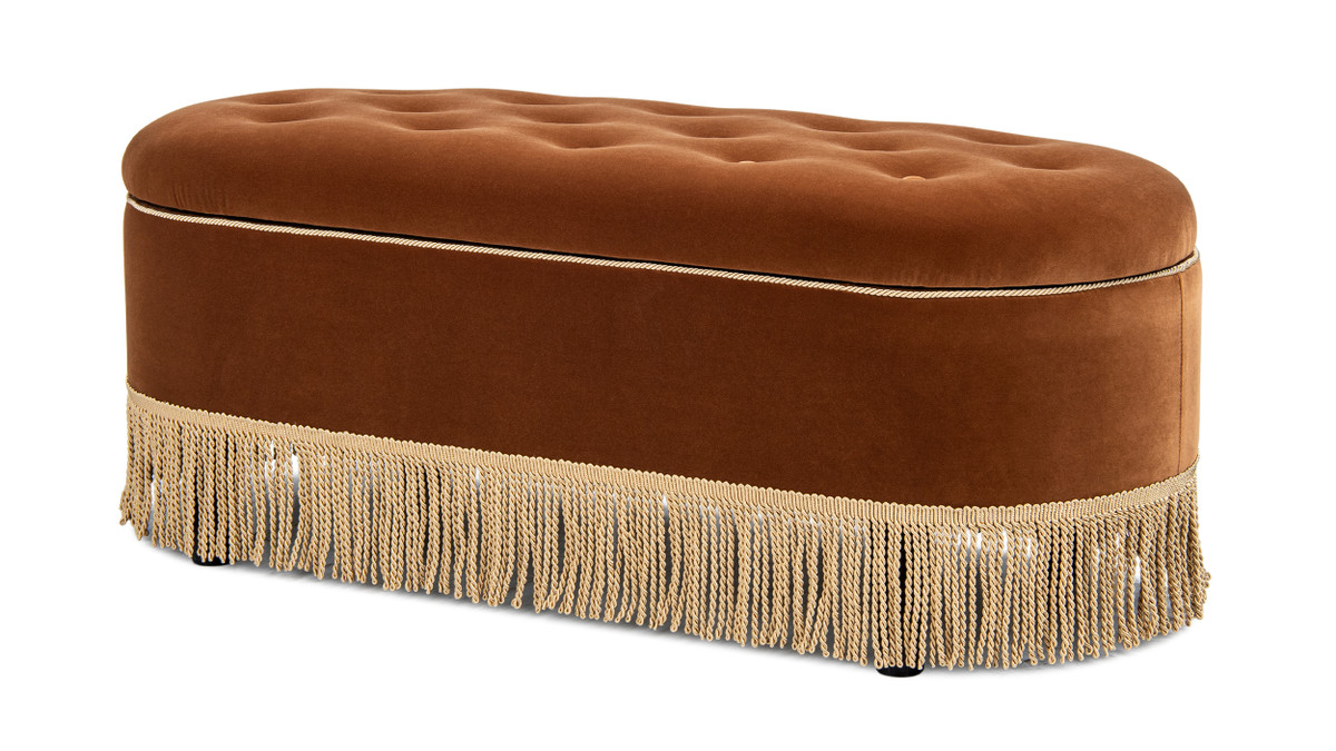 Melinda 48.5" Oval Tufted Bullion Fringe Storage Bench, Burnt Orange