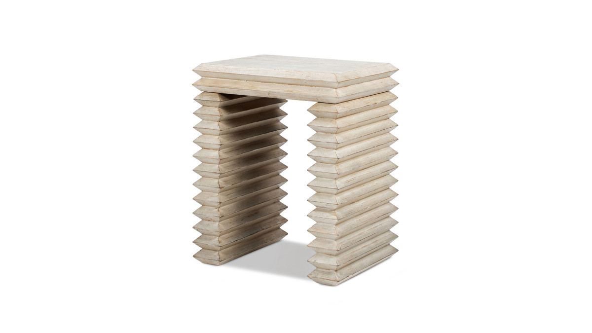Veda 20" Reclaimed Pine Wood Stacked Geometric Waterfall Side Table, Whitewashed Natural