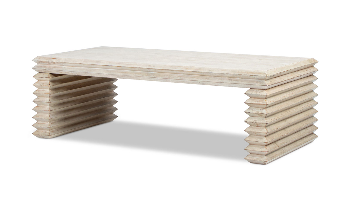 Veda 55" Reclaimed Pine Wood Stacked Geometric Waterfall Coffee Table, Whitewashed Natural