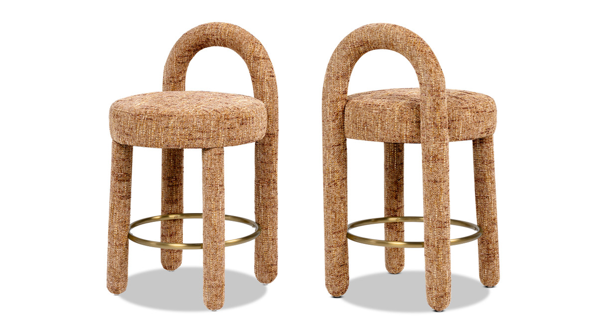 Penny Round Arched Fully Upholstered Counter Stool, Set of 2, Golden Rust Orange