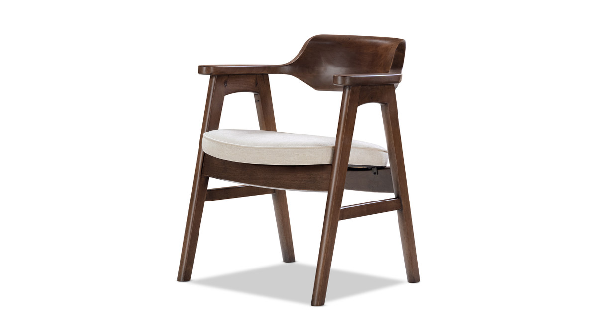 Hayes Mid-Century Reclaimed Pine Dining Arm Chair with Sculpted Wood Back, Soft Flax Light Beige Chenille