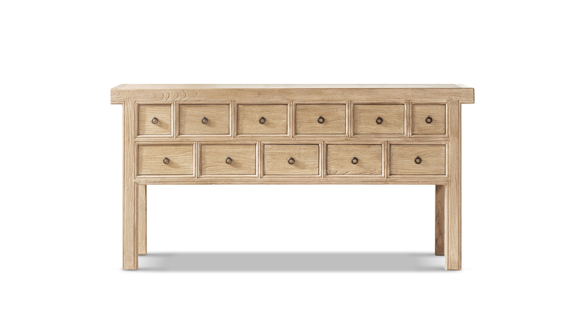 Bellamy 70" Solid Reclaimed Elm 11-Drawer Console Table, Heritage Light Natural Brown